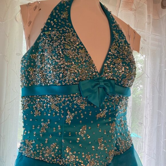 TIFFANY DESIGNS by CHRISTINA WU STUNNING HALTER BEADED TURQUOISE GOWN DRESS - Picture 3 of 11